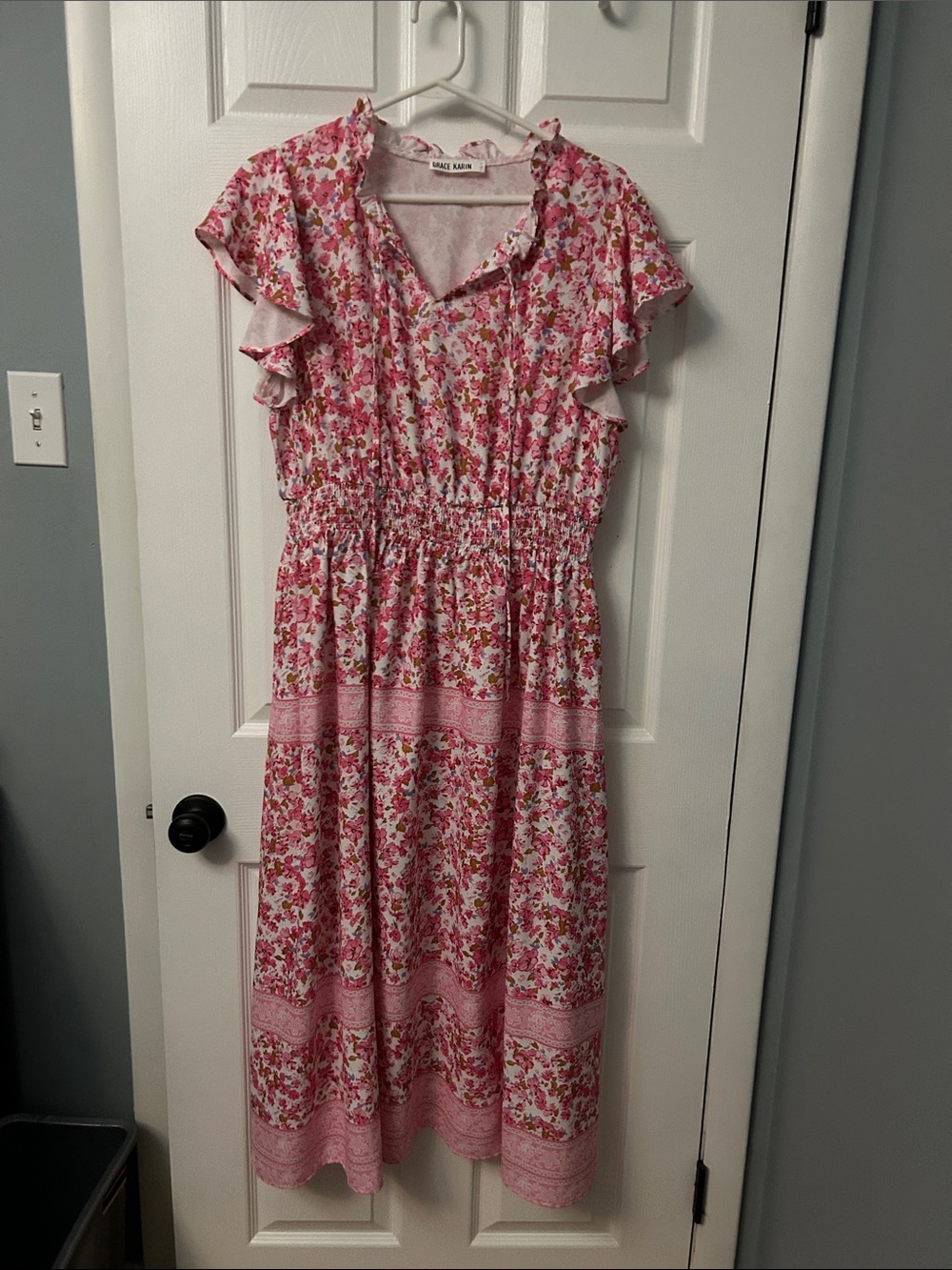 Grace Karin Pink Floral Maxi Dress with Ruffle Sleeves